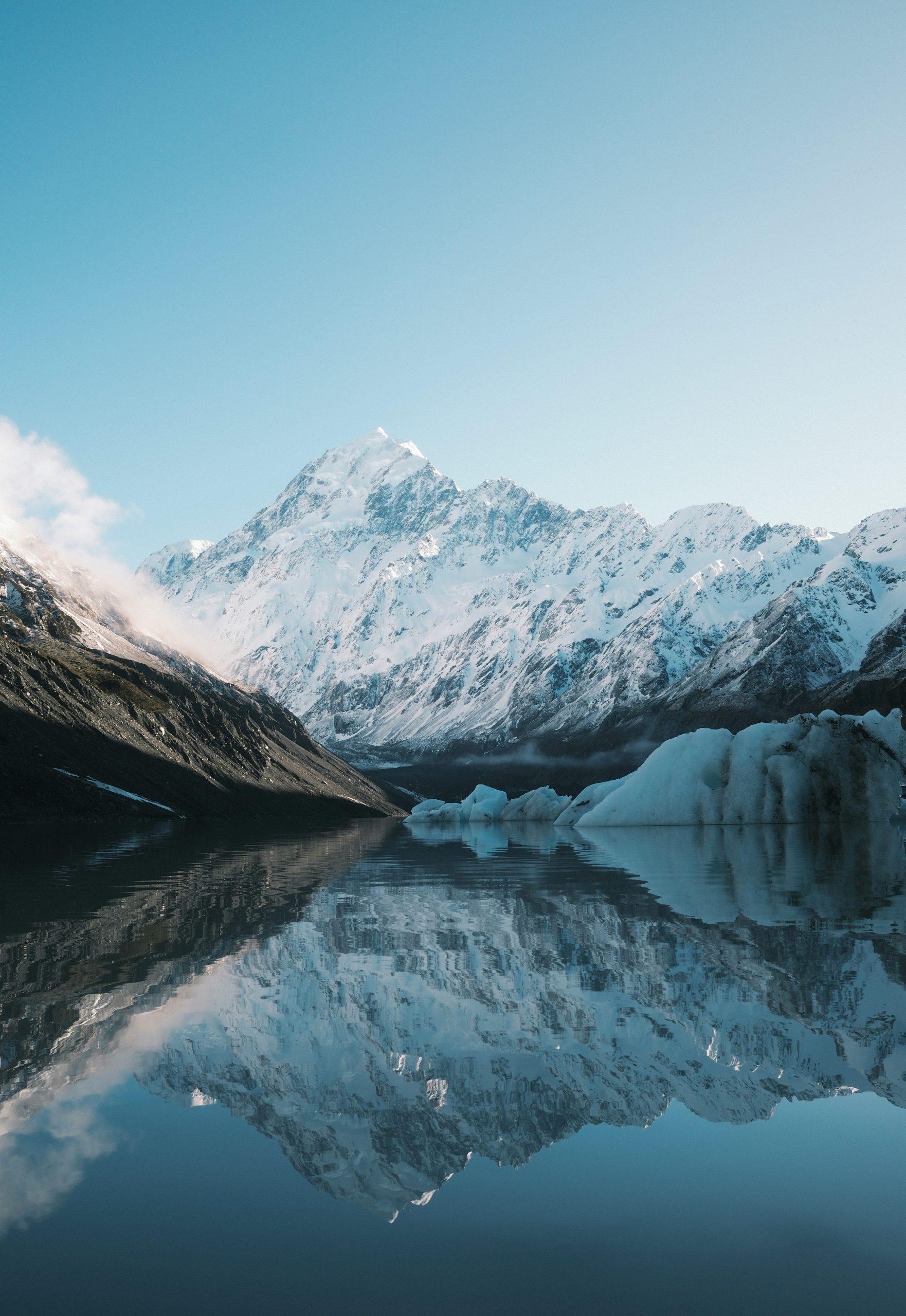 Snowy Mountains and Lake in Winter